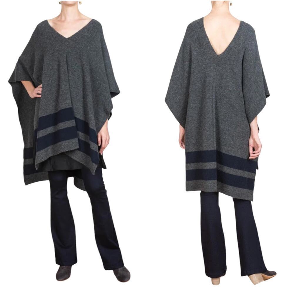 Jenni Kayne Stripe Poncho In Charcoal Navy One Size Italian Wool Yak Blend